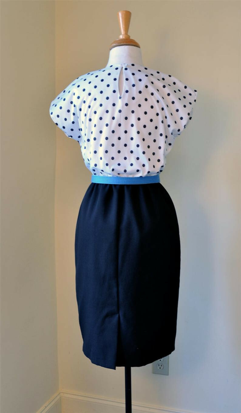 1980’s Black and White Polka Dot Dress with Blue Belt
