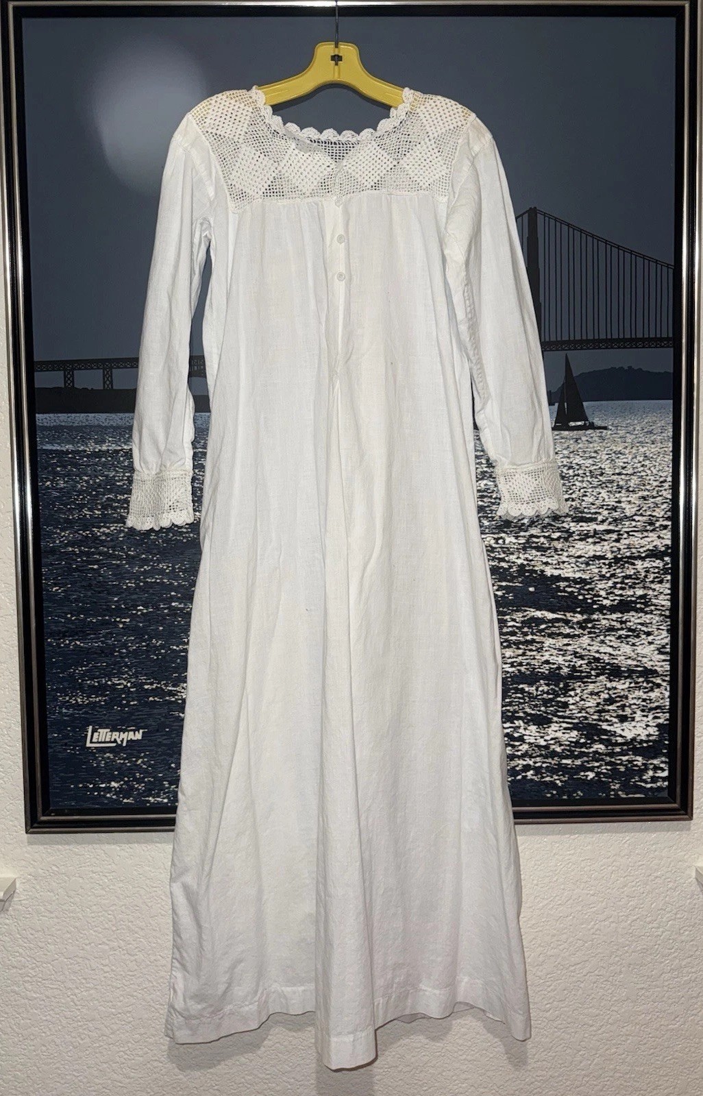 Antique 1900s Edwardian White Cotton Nightgown Hand Crochet Lace Yoke Cuffs