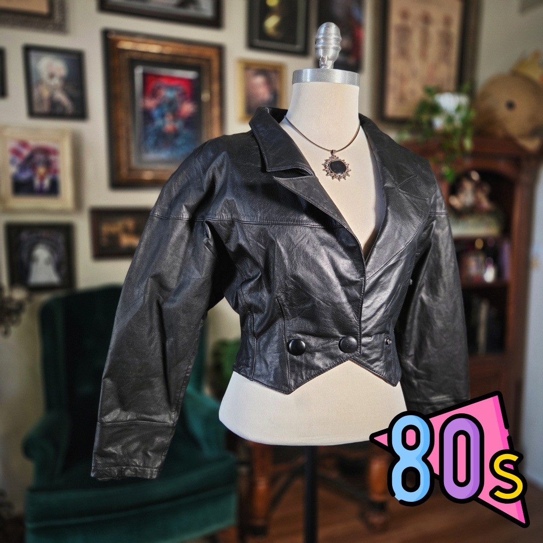 California Laura Leather Jacket Vintage 80s Black Cropped Batwing Moto Womens M