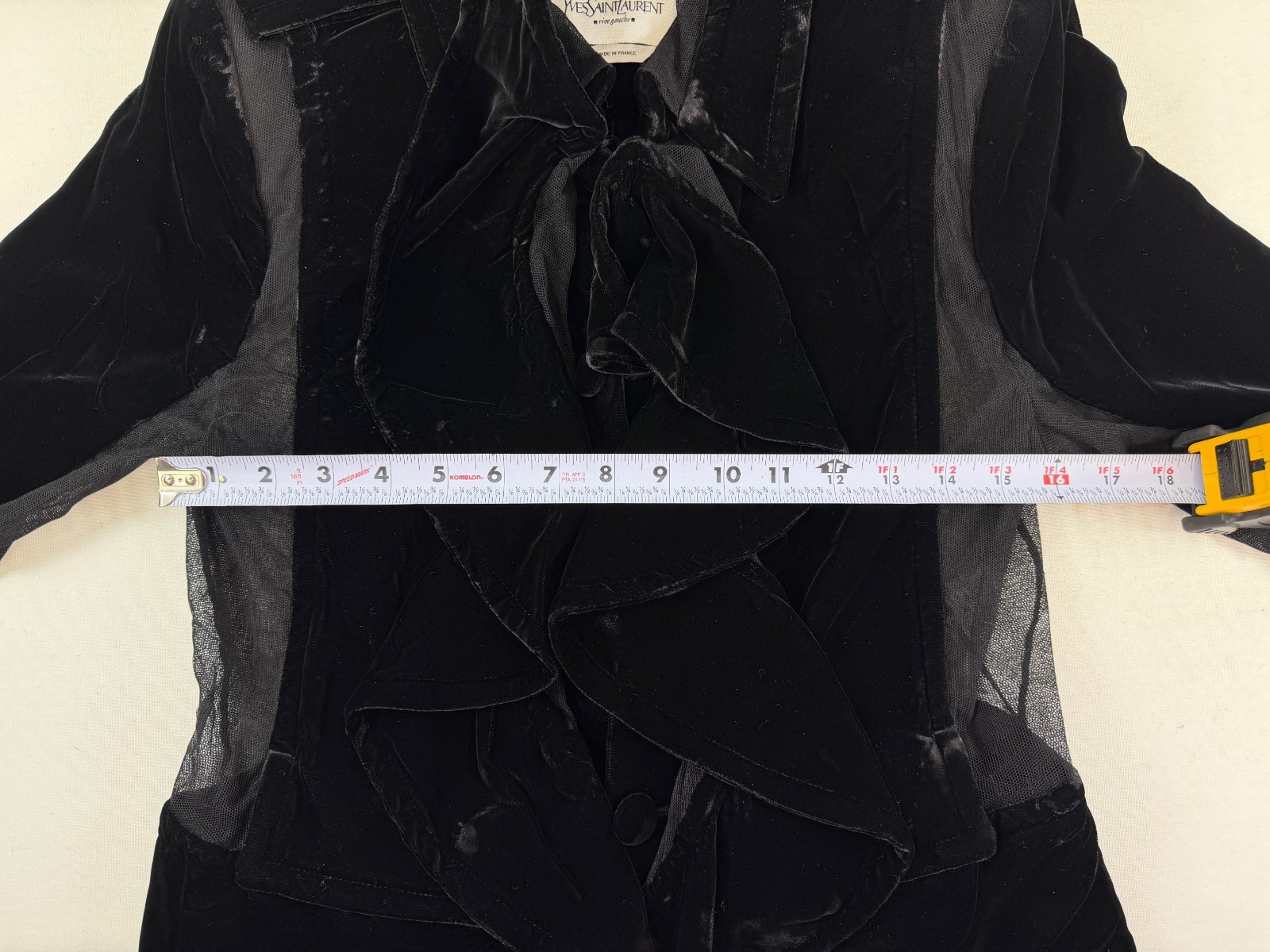 Vintage YSL YVES SAINT LAURENT Velvet Ruffle Jacket 36 38 Black Mesh Panel 2003