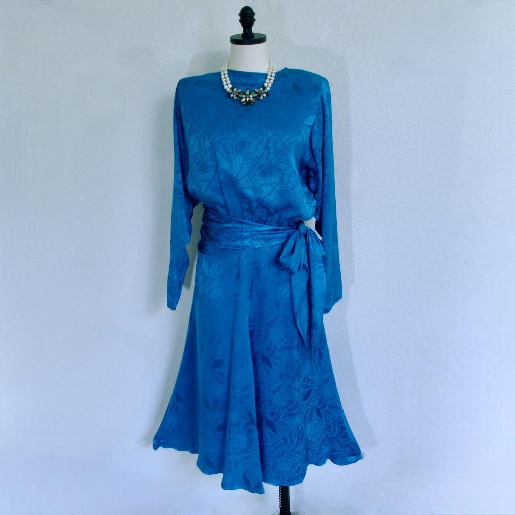 Vintage 80s Jerry Regenbogen Silk Dress 6 Sapphire Blue Sash Wrap Retro Glam