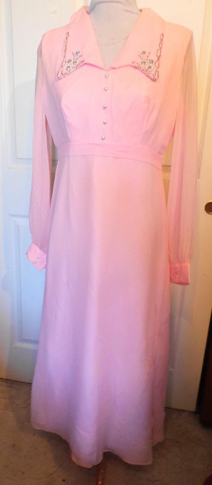 Vintage 60s Long Pink Chiffon Covered Dress Gown Beaded Collar B38 16