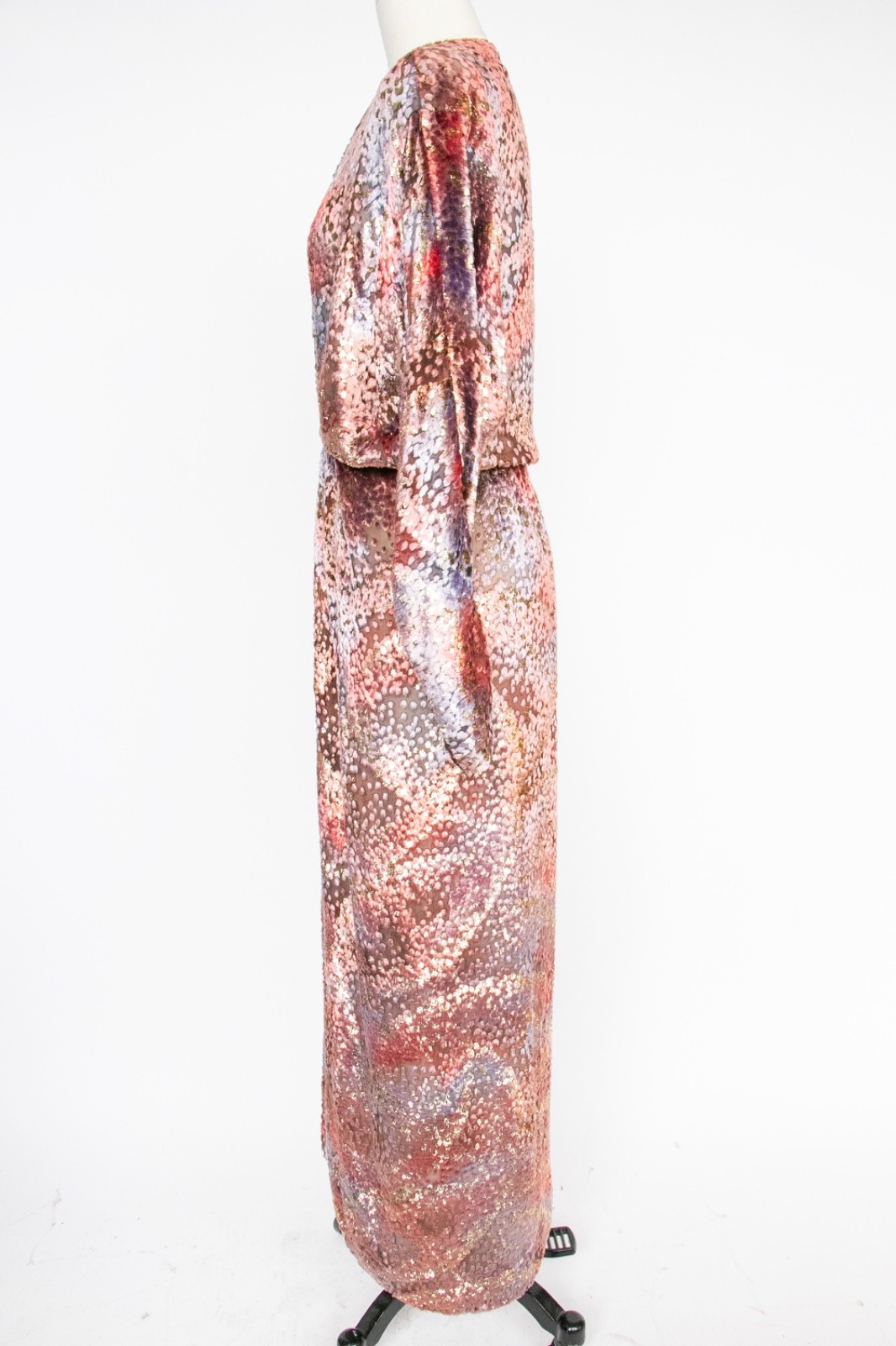 1970s Dress Silk Velvet Burnout Semi-Sheer Maxi Gown Jill Richards