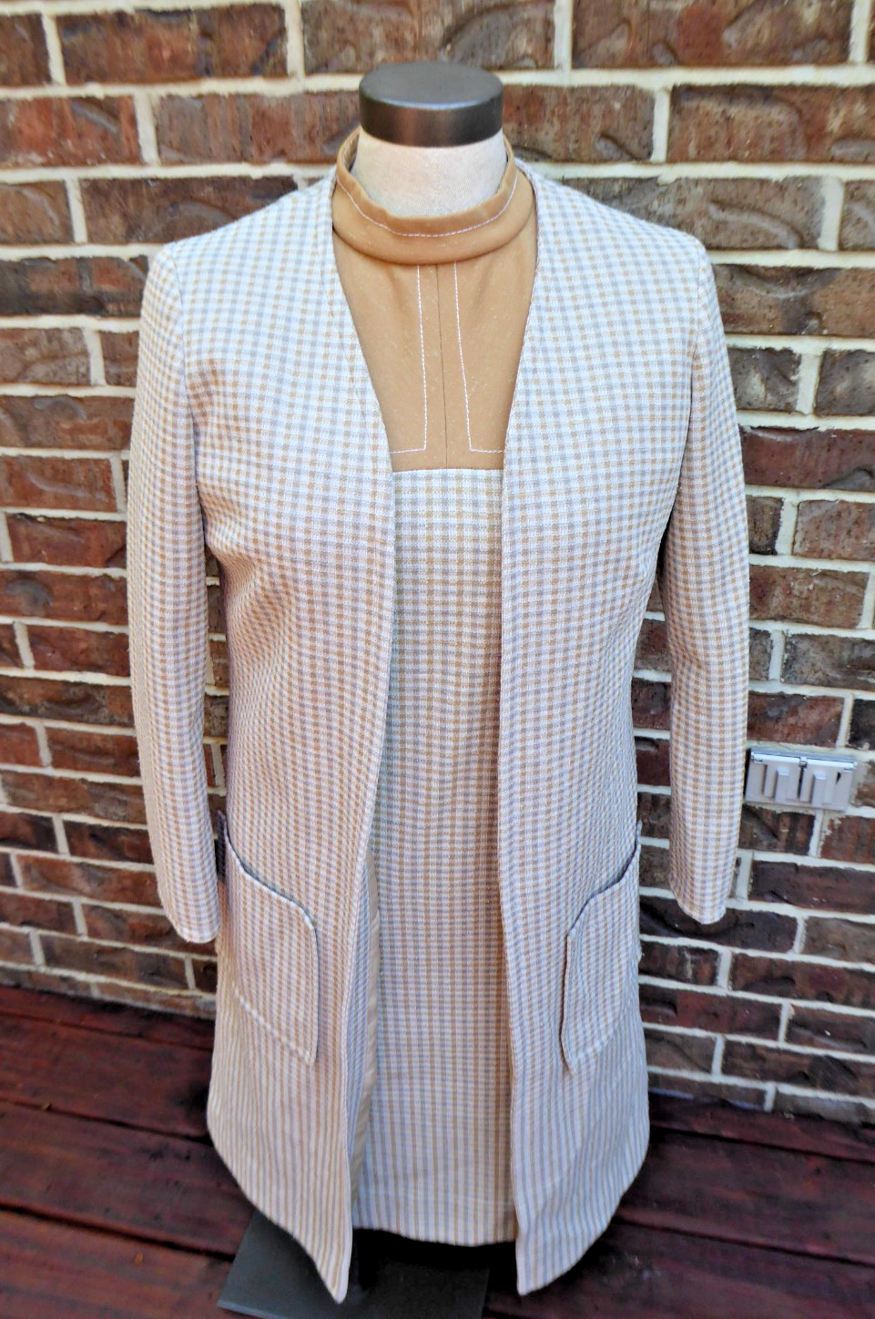 2 Piece True Vintage 60s Handmade Houndstooth Shift Dress & Duster Coat Sz Small