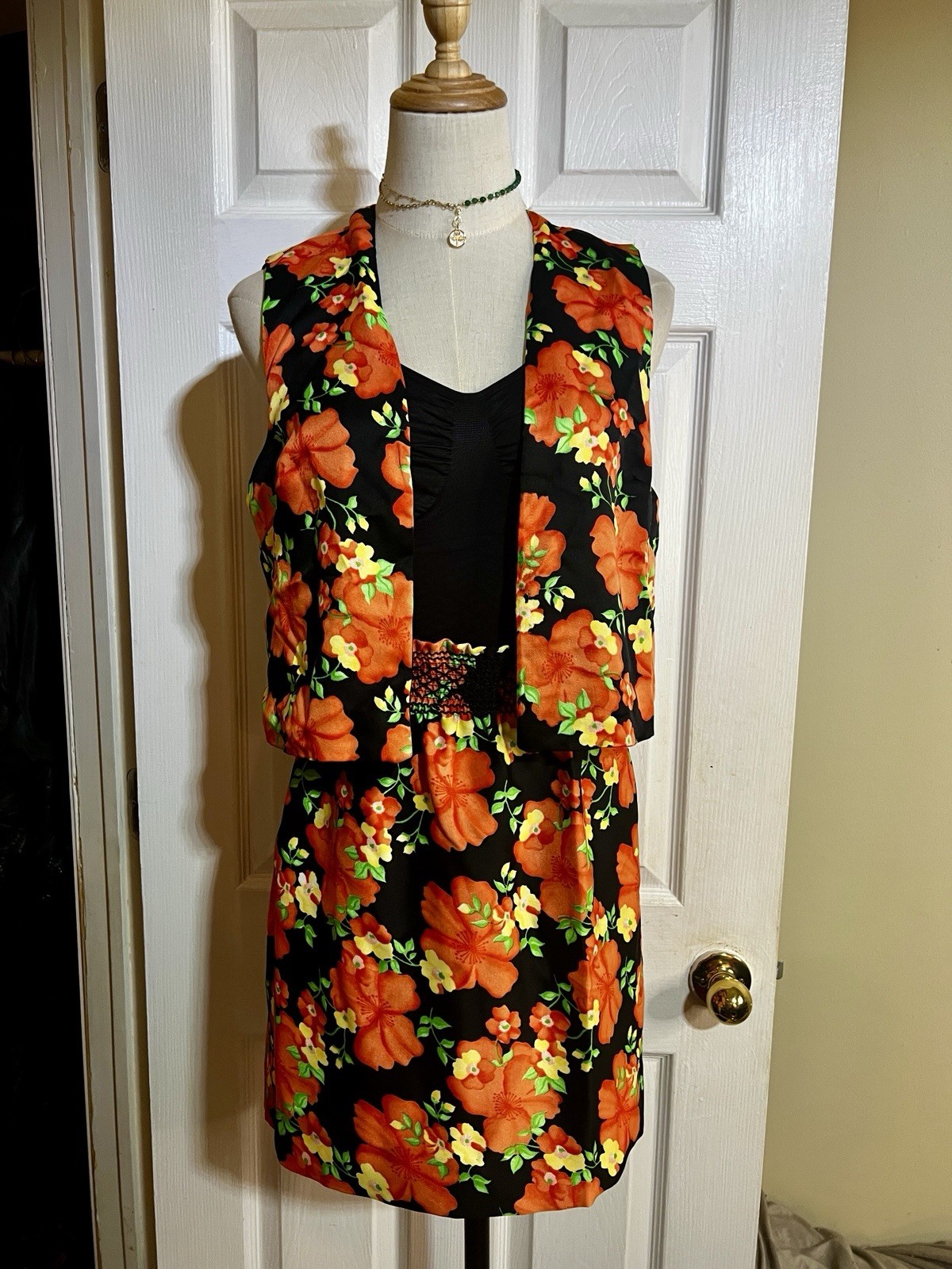 Vtg Wms 2Pc Floral Coral Vest Mini Skirt Retro Preppy Mod Boho Casual Set M/L