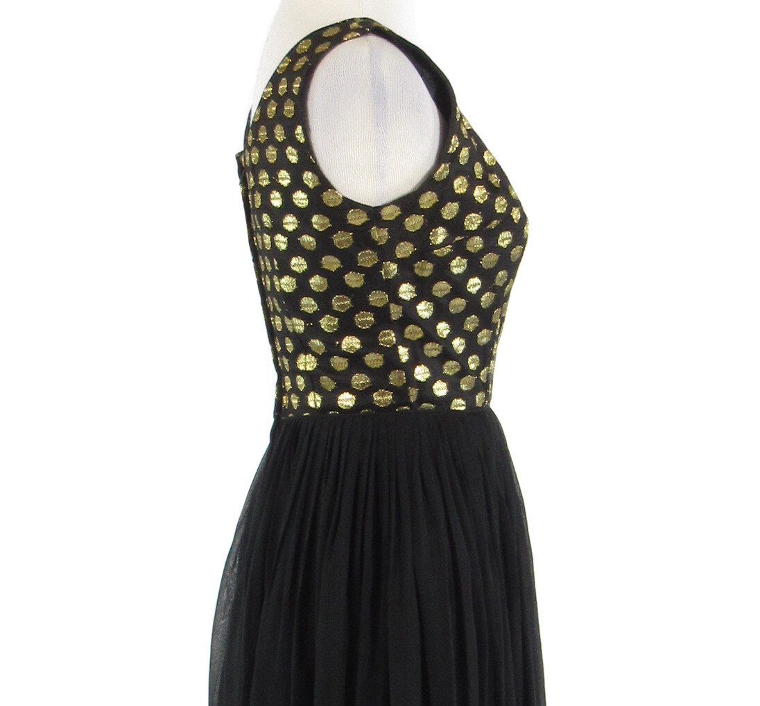 Black gold polka dot sheer overlay shimmery vintage dress 11 XS
