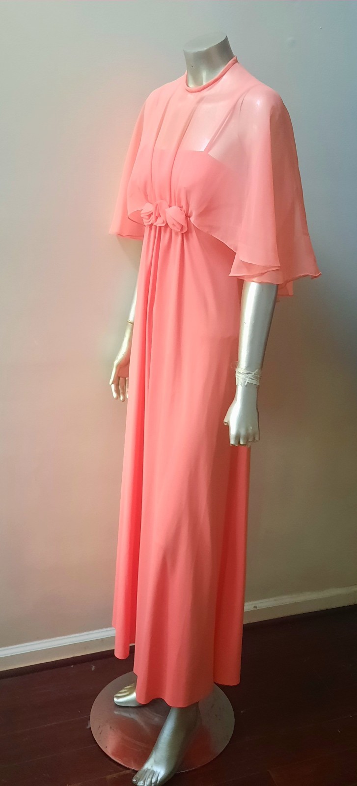LORRI DEB 70S PEACH MAXI DRESS CHIFFON ATTACHED CAPELET SHAWL VTG PARTY sz S/M
