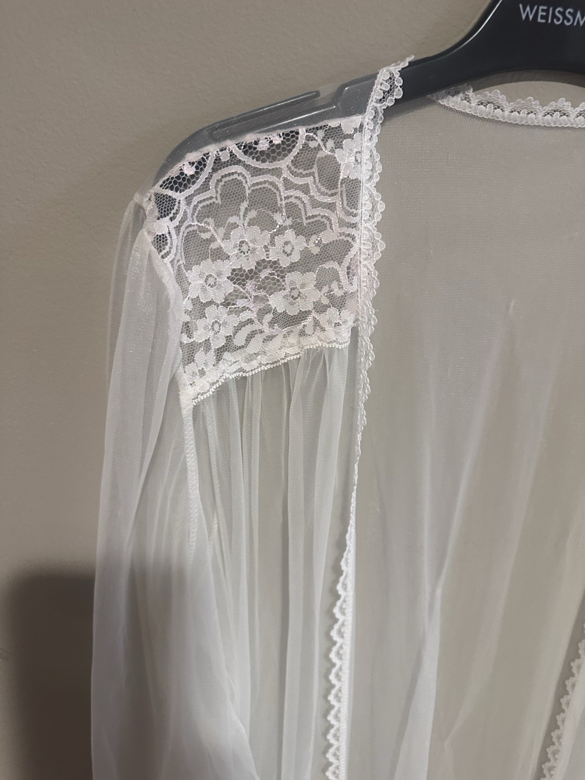 vintage Sheer White Robe With delicate lace details on the neckline and cuffs.