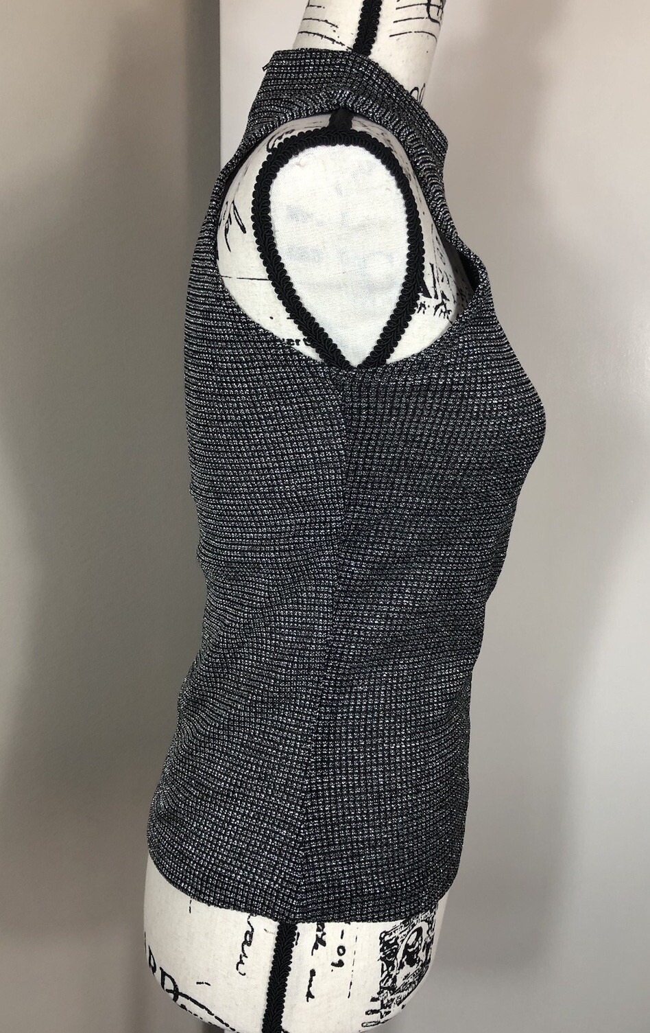 Vtg Vera Neumann Silver Metallic & Blk Cardi & Sleeveless Tank Set Sz S/M 4/6
