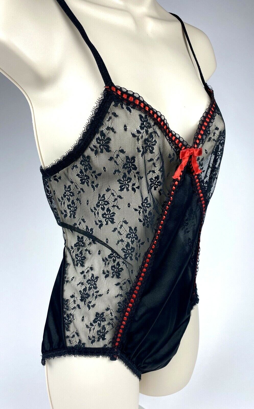 Vintage Movie Star Black Nylon Lace Sheer Bodysuit Teddy Lingerie 32/S USA 🇺🇸