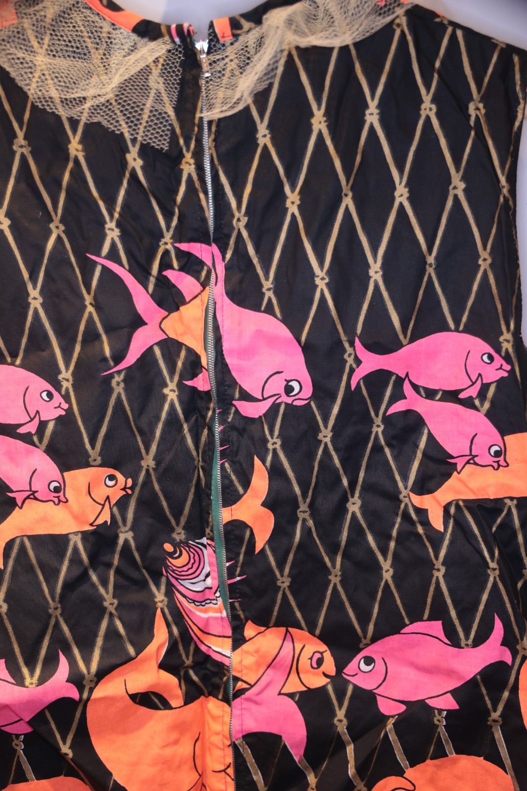 Vintage Sleeveless Dress Fish Octopus Sea Black Gold Pink Orange S/M *** RARE