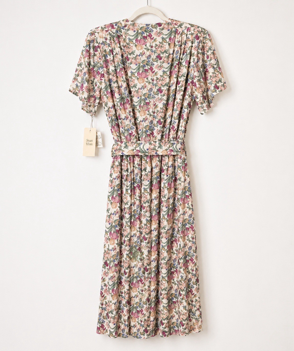 Vintage Deadstock Stuart Alan Floral Midi Dress Pleated Belted Made USA Size 16