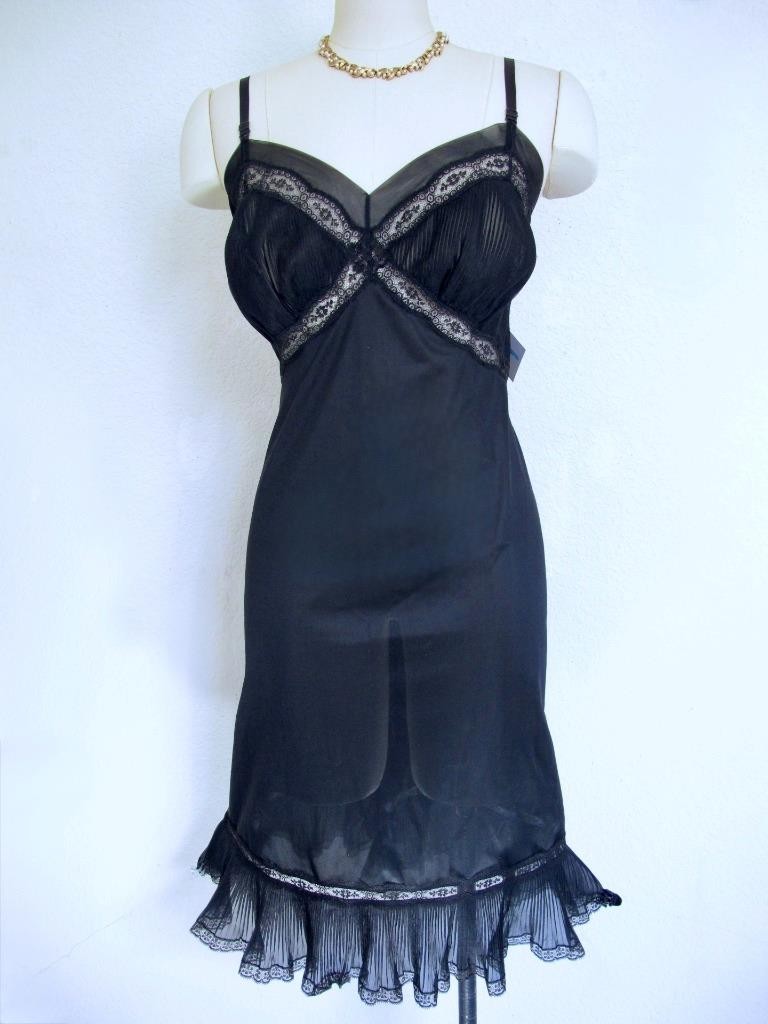 Vintage Youth Form Black Nylon Opaque Full Slip 36 Chiffon Crystal Pleats Ruffle