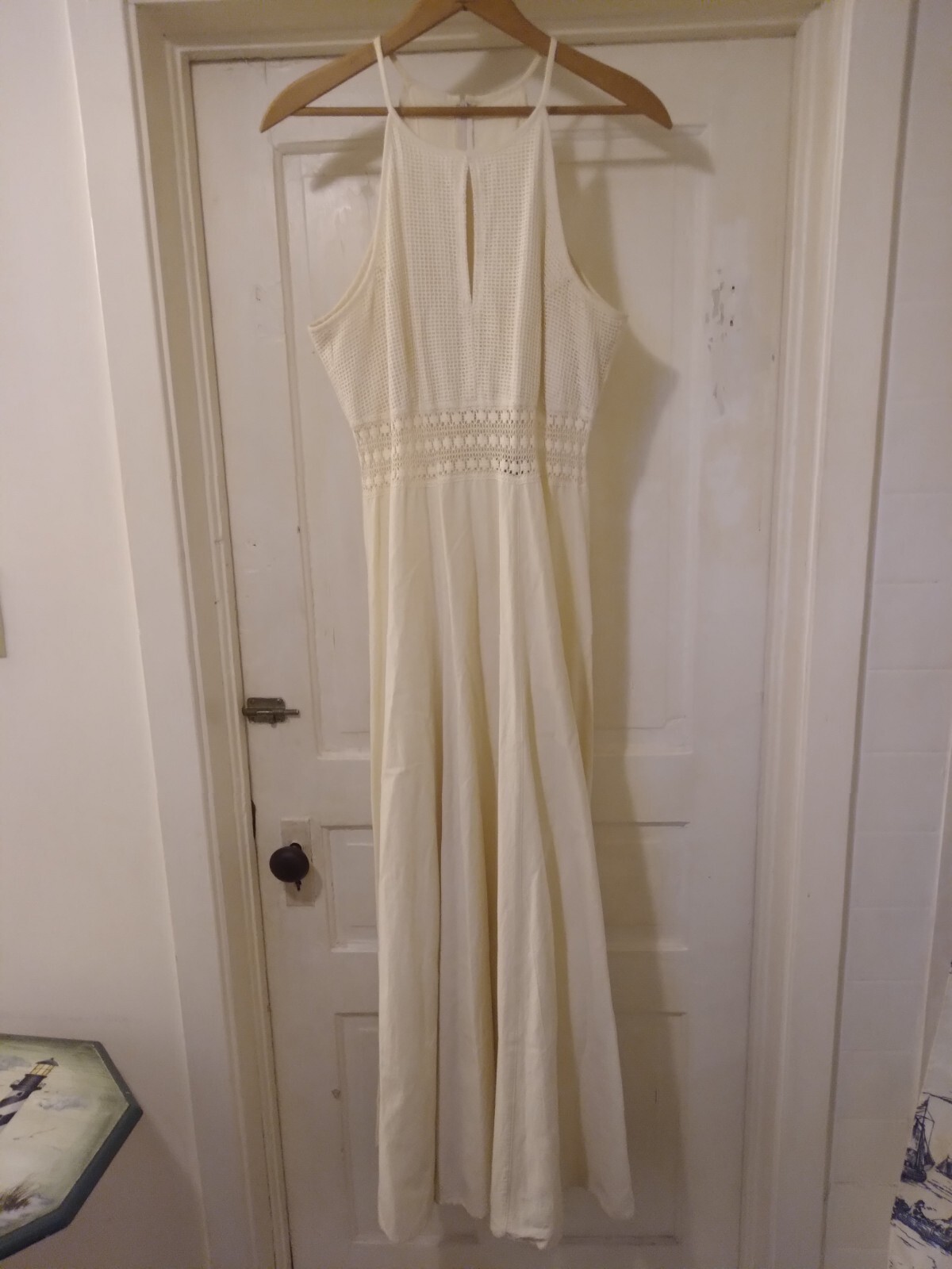Vintage 80’s Women’s Lace&Linen Long Dress Size 9 Full Skirt 55″L From Shoulder
