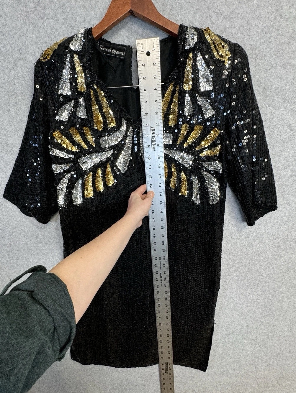 VTG 80s Jewel Queen Black Gold Sequin Beaded Silk Dress Art Deco Statement Piece