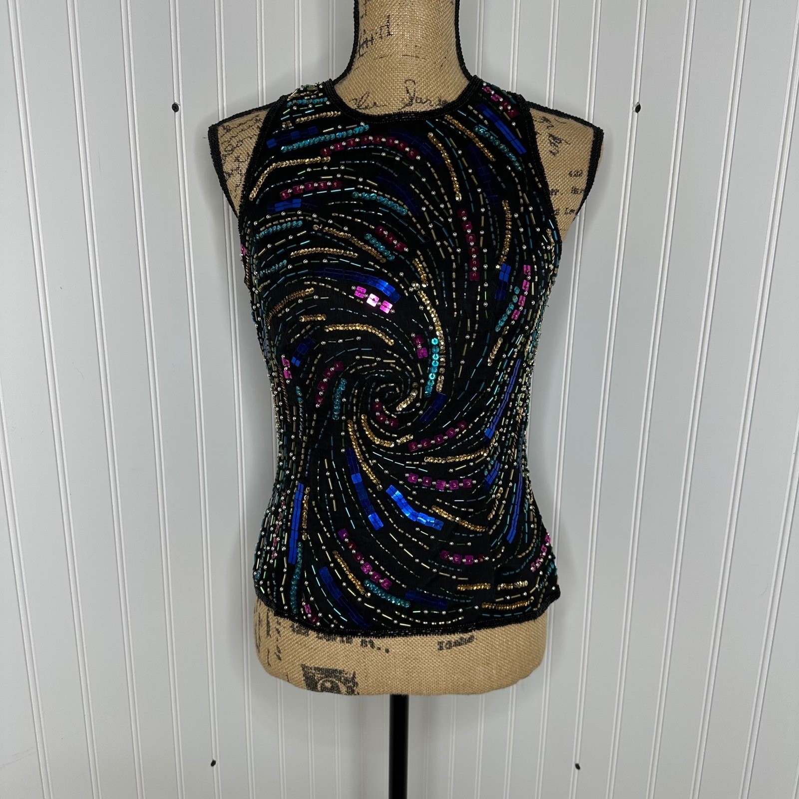 Laurence Kazar Black Silk Beaded Sequin Swirl Sleeveless Top Vintage Glam Sz M