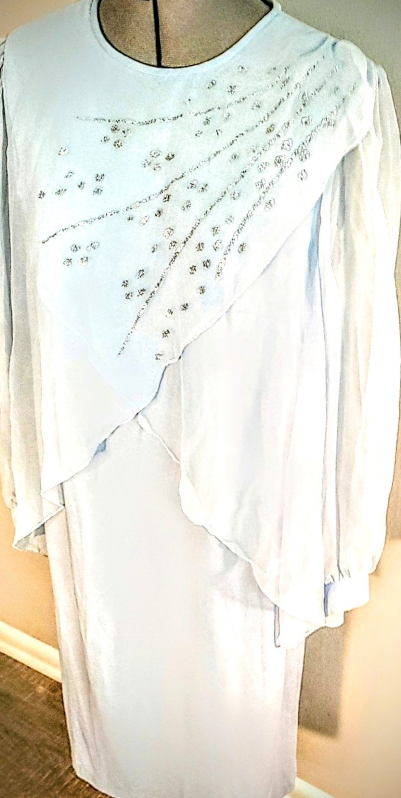 Vintage Gilberti Baby Blue Shift Dress Silver Glitter Pattern Size Large