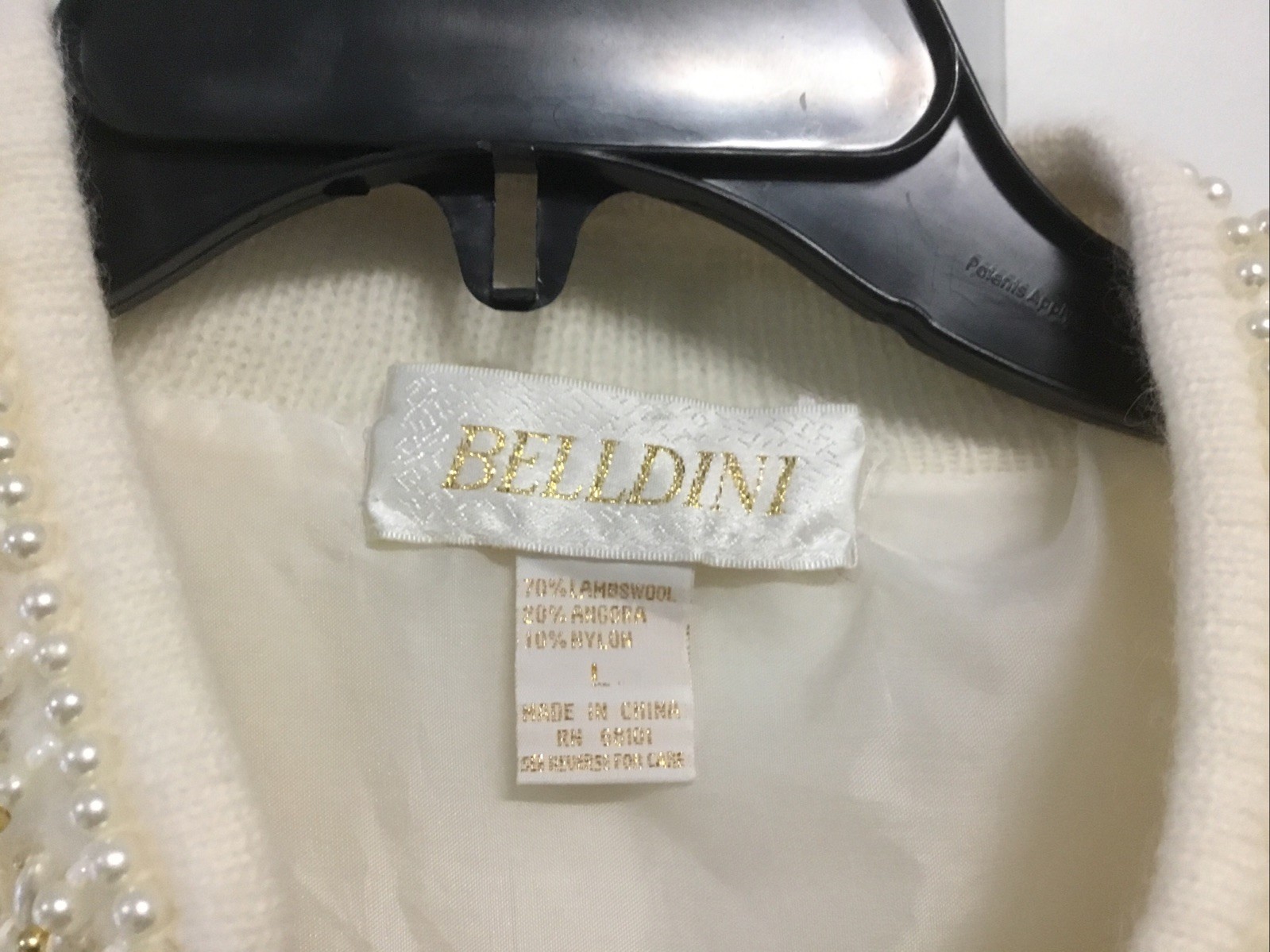 Vtg Belldini CardiganSweater Beaded WoolAngoraNylon L Ivory Shoulder Pads Lined
