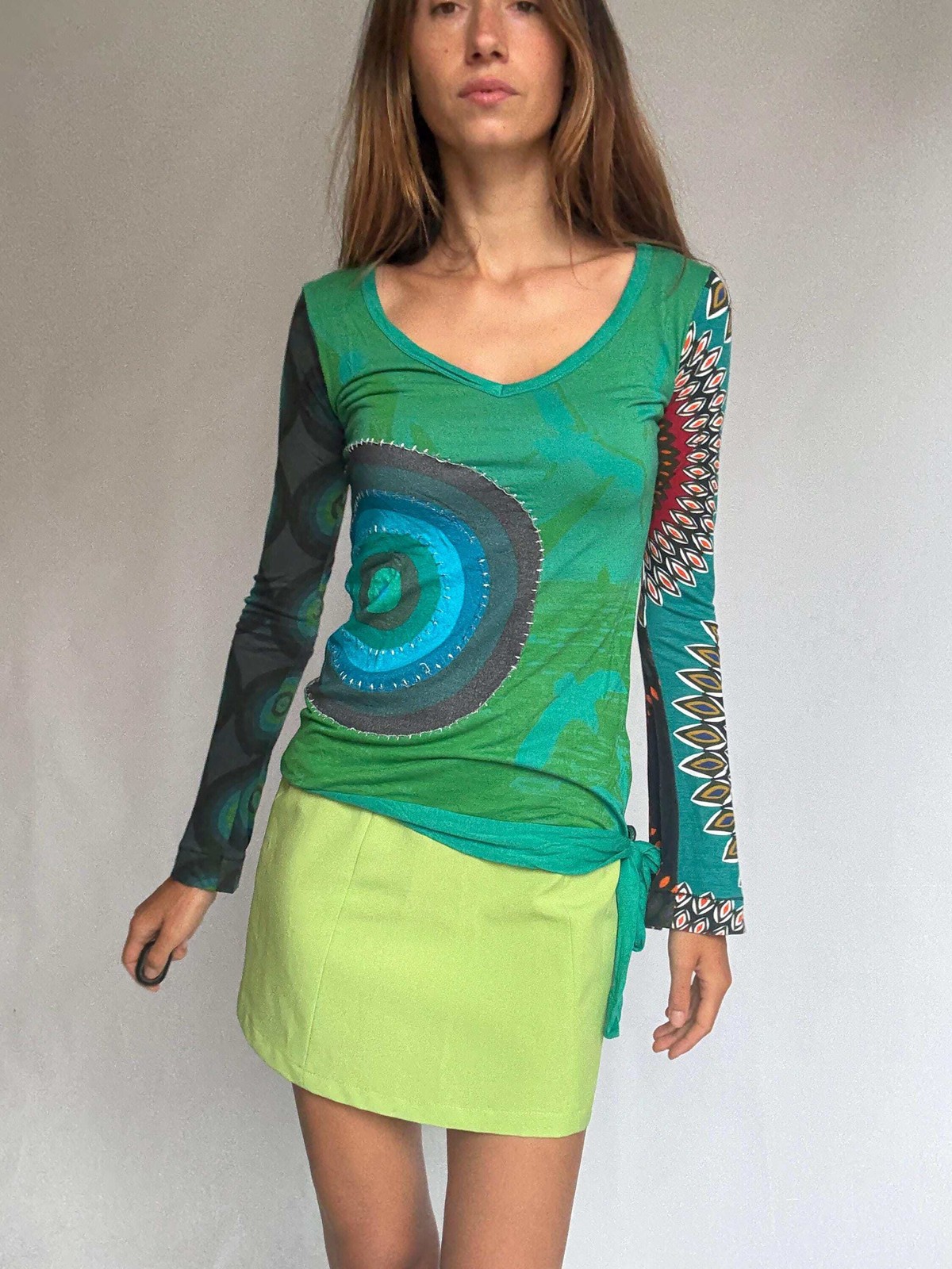 Desigual long sleeve green graphic blouse – bold print, tie waist detail – soft