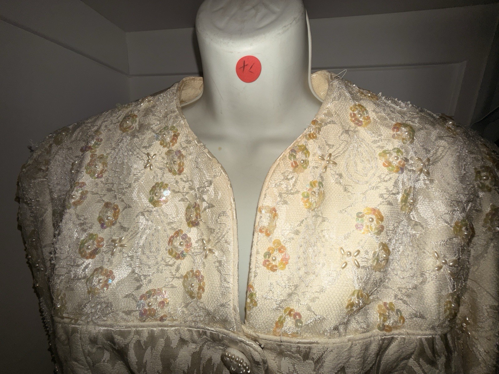 Vintage 1980s Karen Lawrence Ivory Brocade Beaded Sequin Blazer & Skirt Set XL