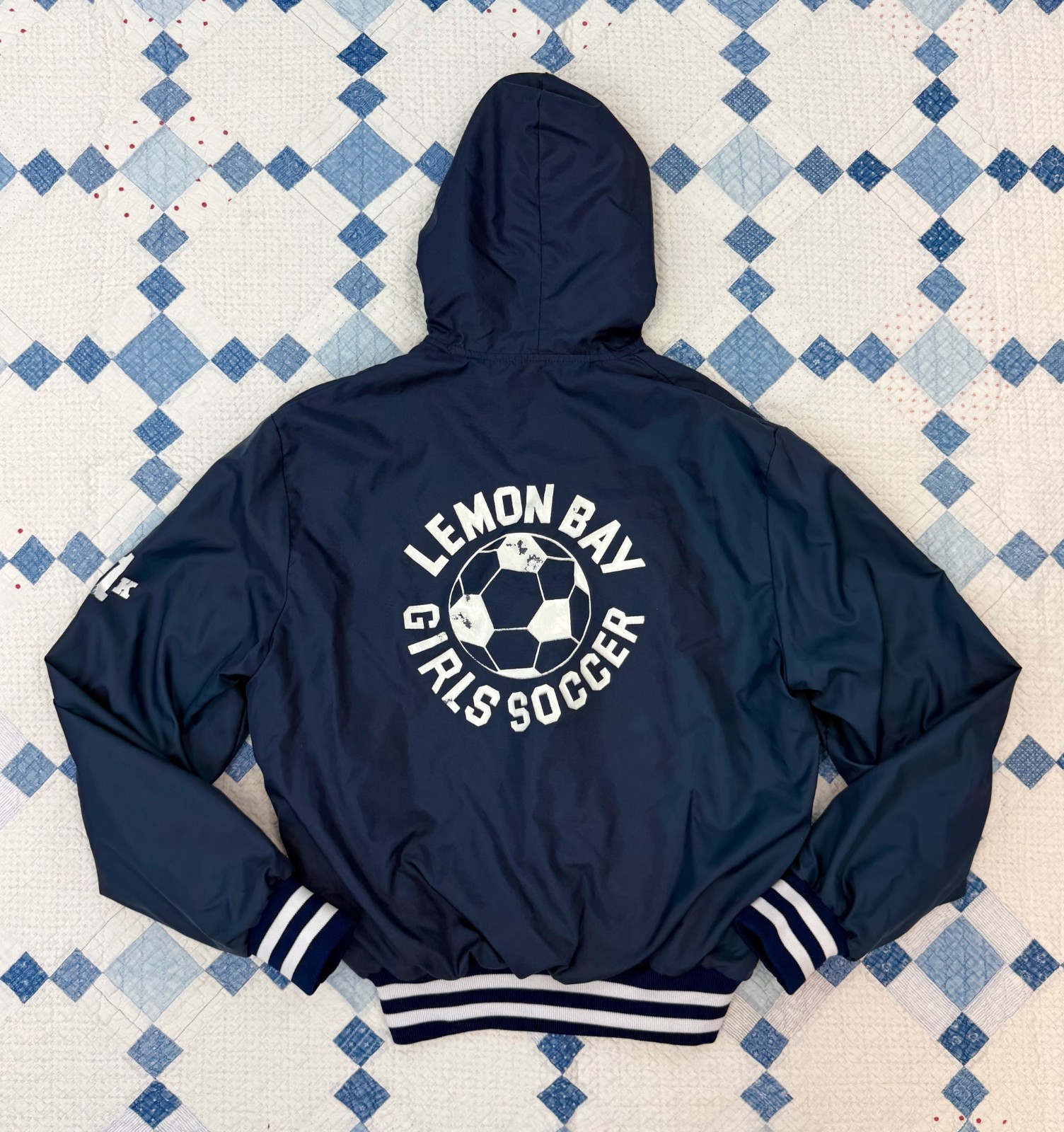Vintage 80s 90s Holloway Navy Blue Nylon Soccer Athletic Windbreaker Hoodie