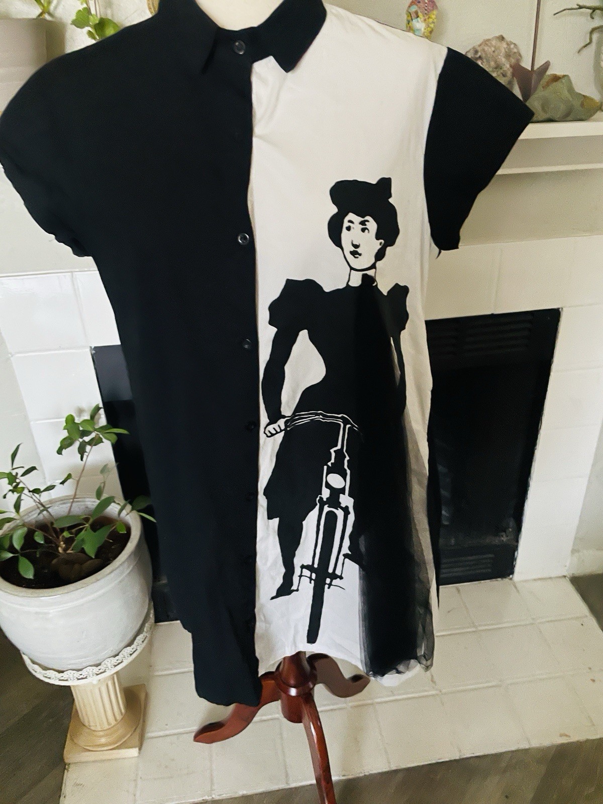 Art Shirt Dress Black White Midi French Cafe Girl Bicycle Lady Tulle S Vintage