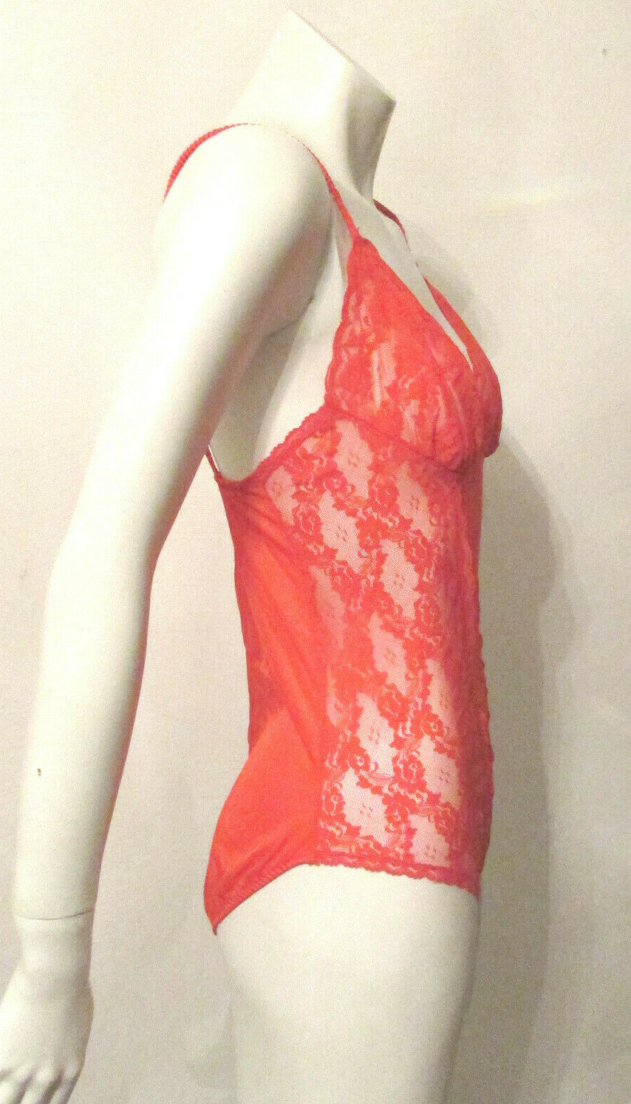 Vtg Chic Lingerie Sheer Red Nylon Lace Trim Hi-Cut Teddy Romper Bodysuit M USA