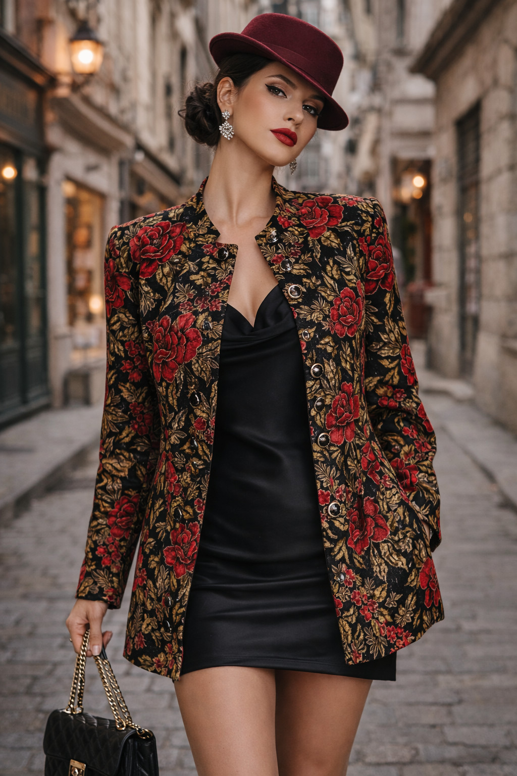 Vintage Baroque Floral Velvet Jacket Red Gold Black Tapestry Blazer Statement