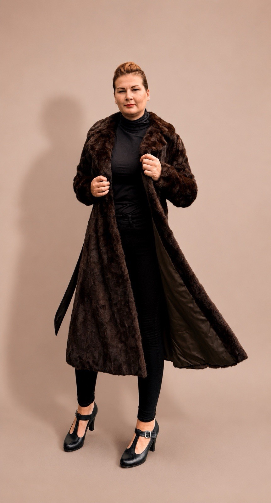 Vintage Full-Length Pieced Ranch Mink Fur Coat Massive Sweep Leather Belt Lux