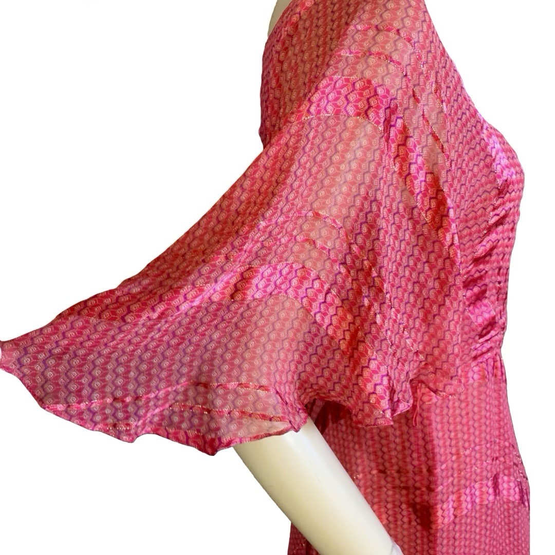 WOMEN’S VINTAGE 1970’S RED, PURPLE & GOLD SILK FARM SILK DRESS SZ S