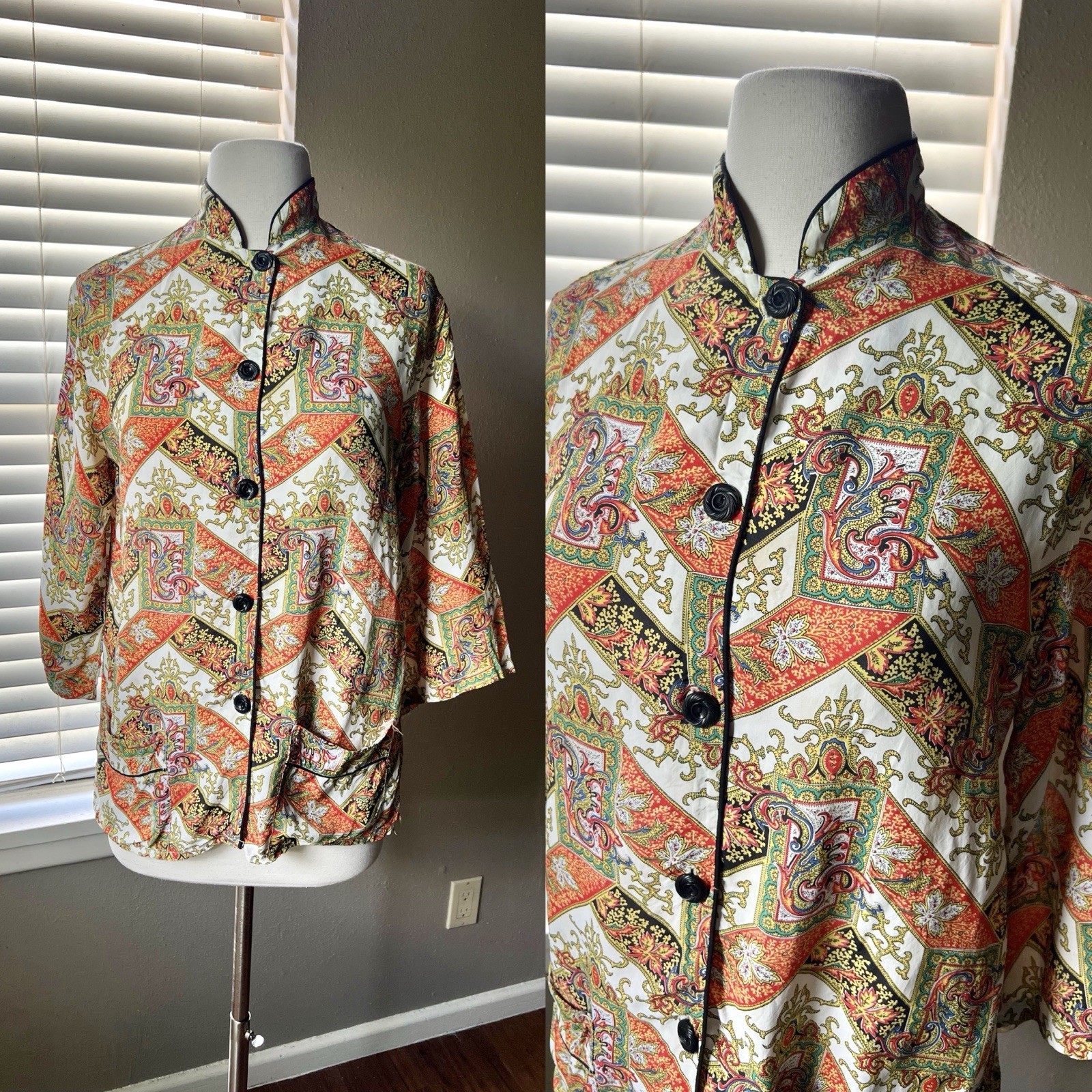 Vintage Mara Kobb Shirt Colorful Print Button Rayon Mandarin Collar 1940’s 50’s