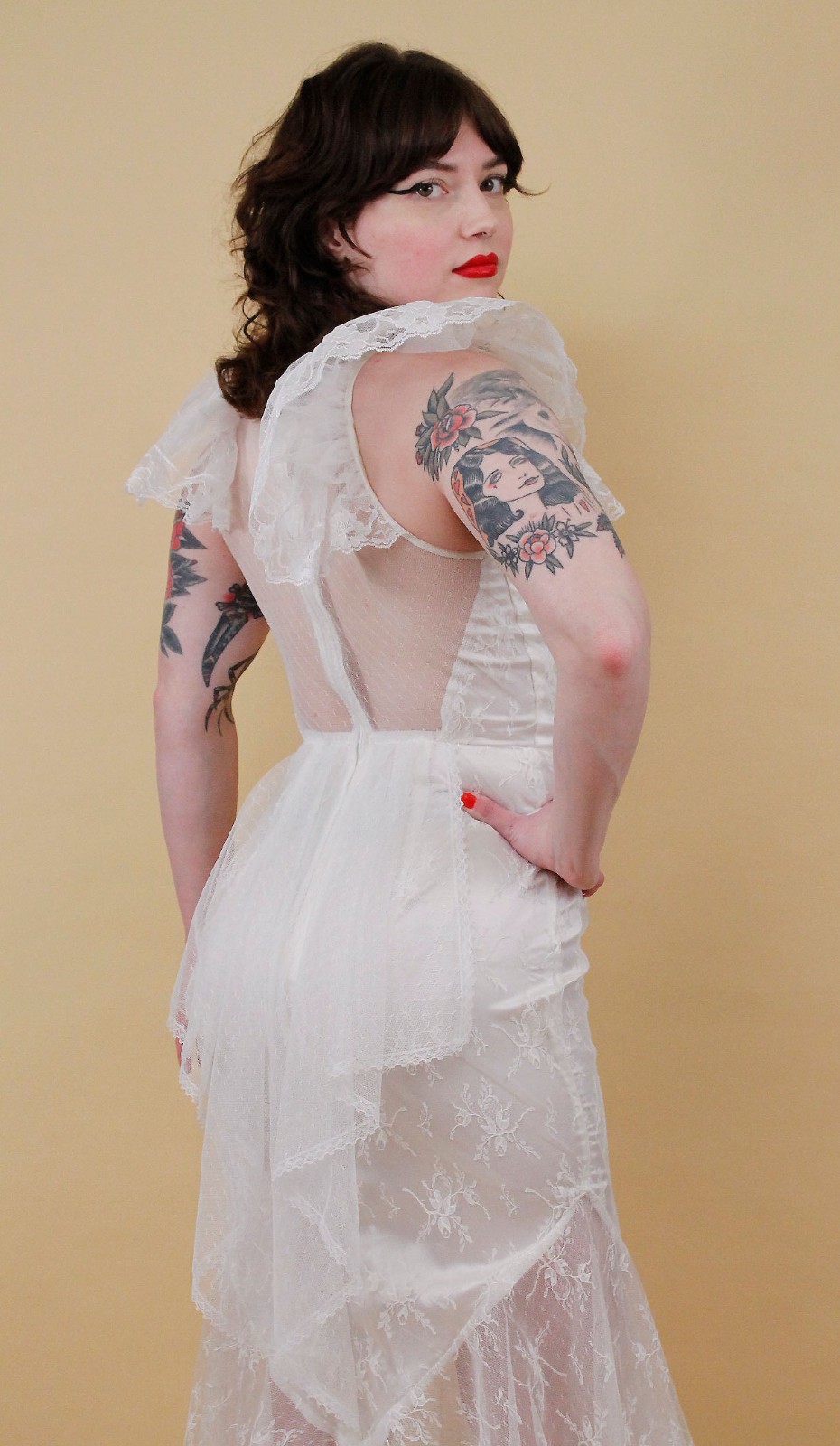 80s Vtg CLIMAX Karen Okada White Lace Angel Sleeve Dress Sheer Mesh Glam Mermaid