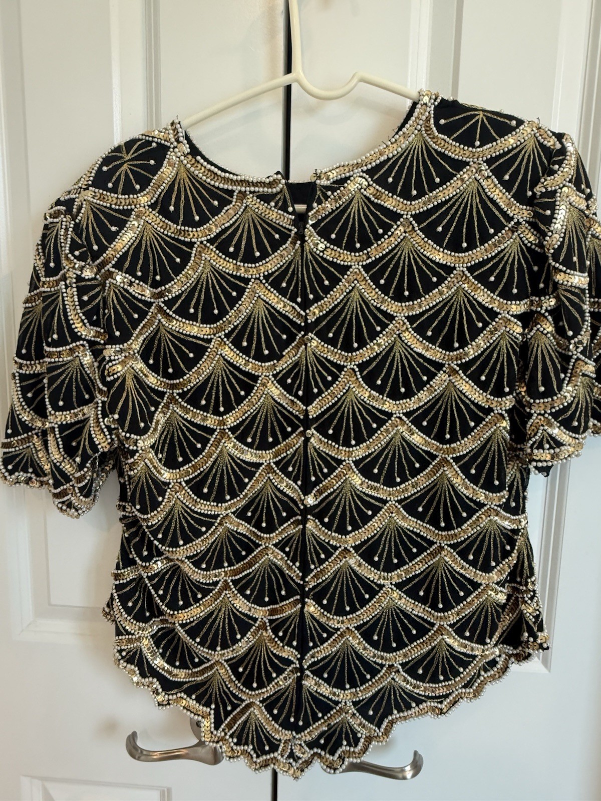 Vintage Beaded Sequined Top Black Gold Scallop Art Deco Flapper Party Blouse XL