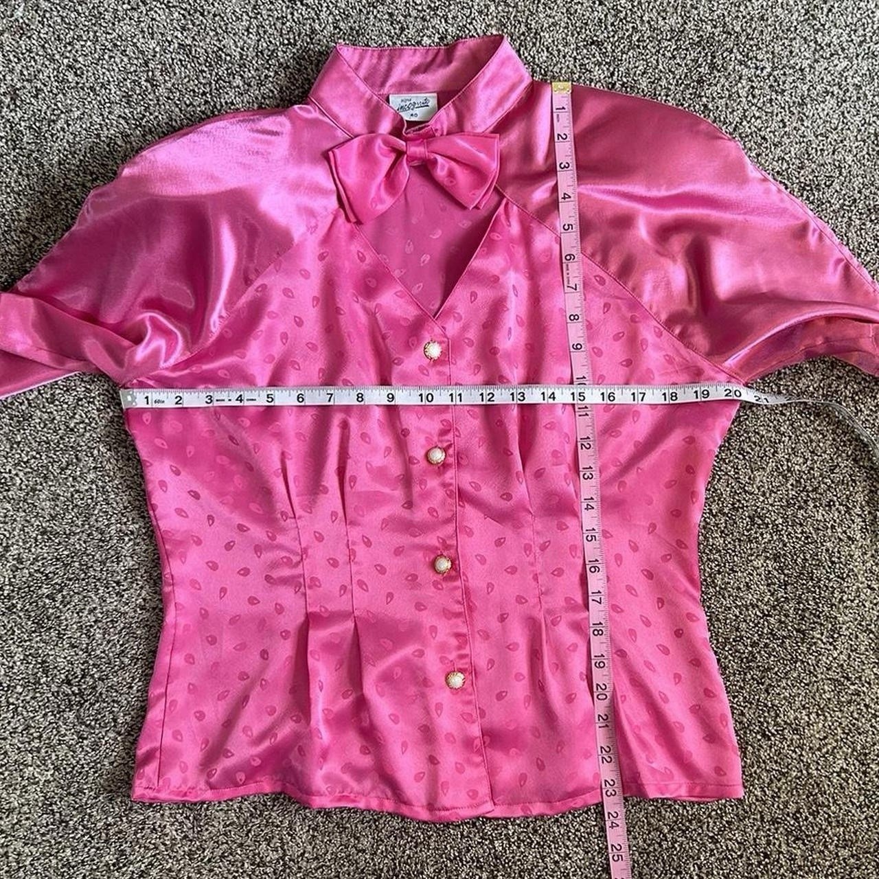 Vintage 80s Incognito Brand Pink Satin Polka dot Blouse With Neck Bow Size 40