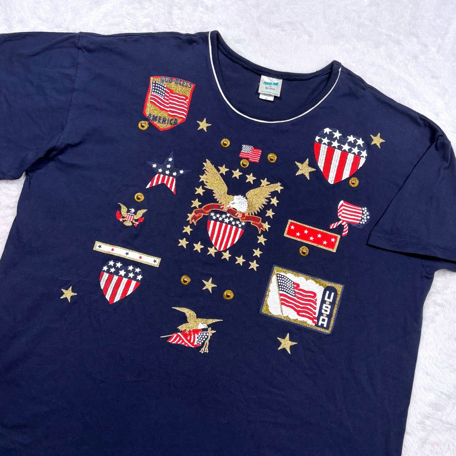 VTG 90s Shirt Women 3X Navy Blue Patriotic 4th July MADE USA Eagle Flag Stars