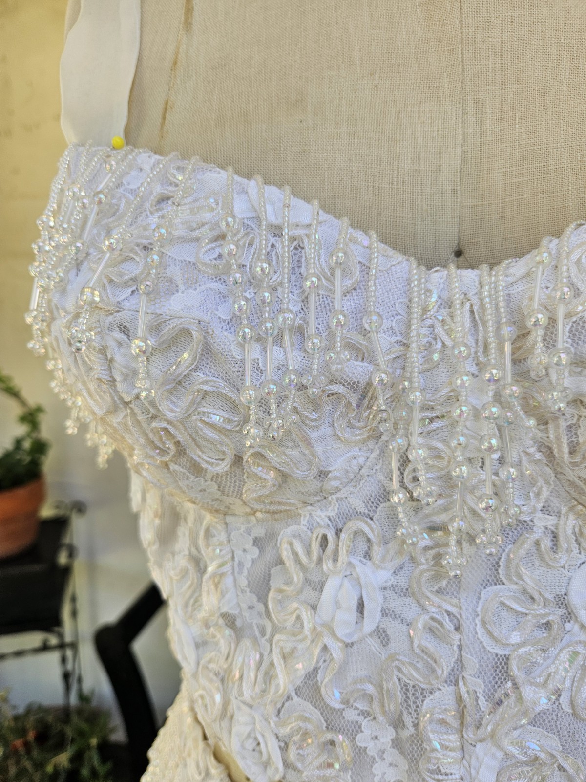 Vintage 1980s 2 Pic Wedding Dress Beaded Fringe Lace Bridal Bustier And Skirt L