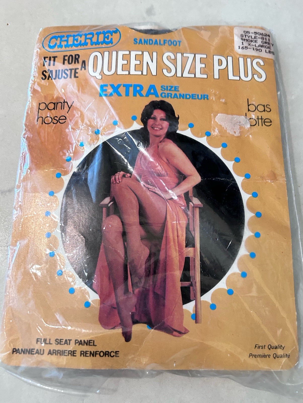 Vintage Cherie Queen Size Plus Sandalfoot Smoke Grey Pantyhose X-Large Nylon
