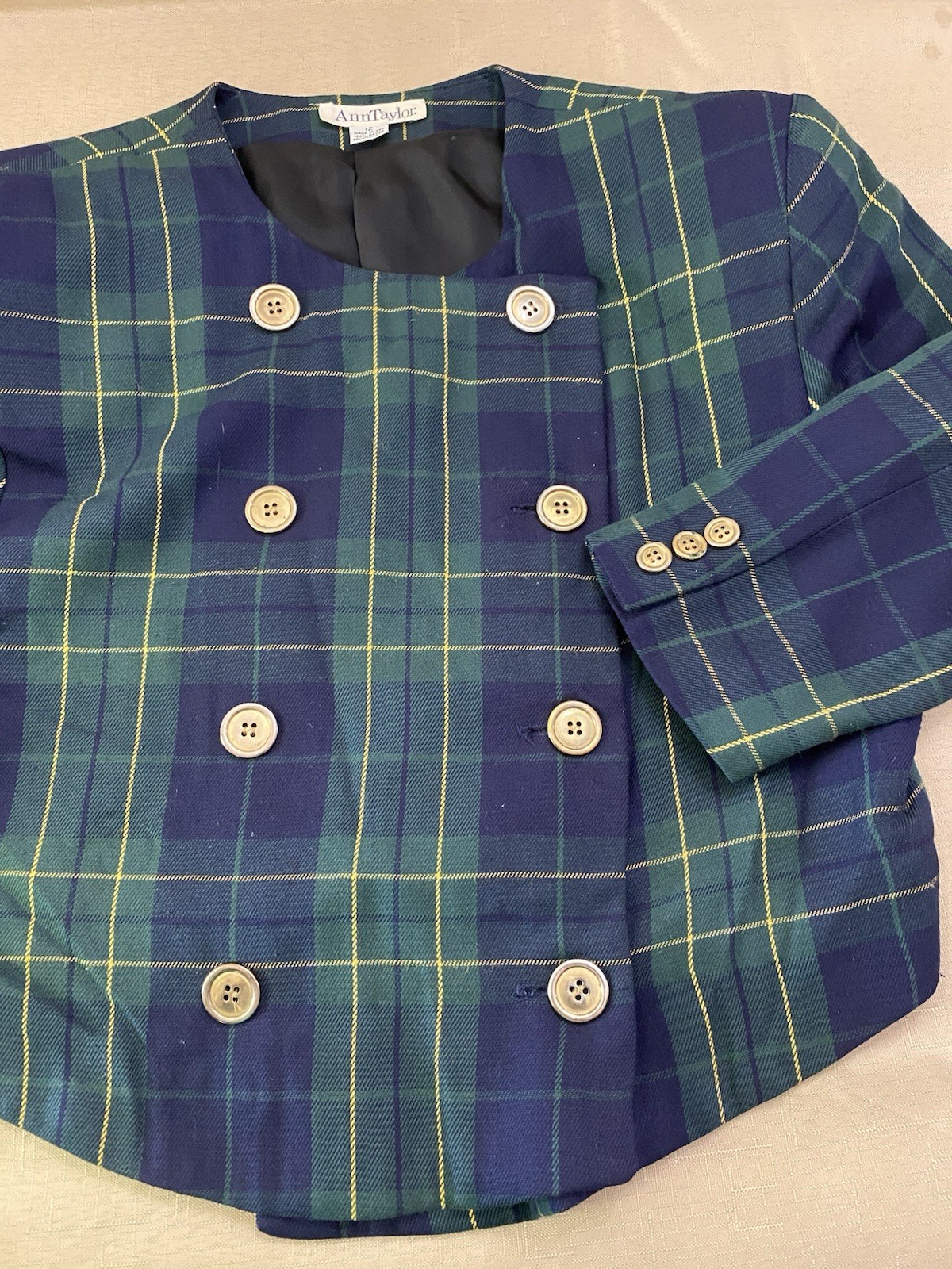 Vintage Ann Taylor Green Tartan Plaid Short Cropped Blazer Jacket 12 USA Preppy