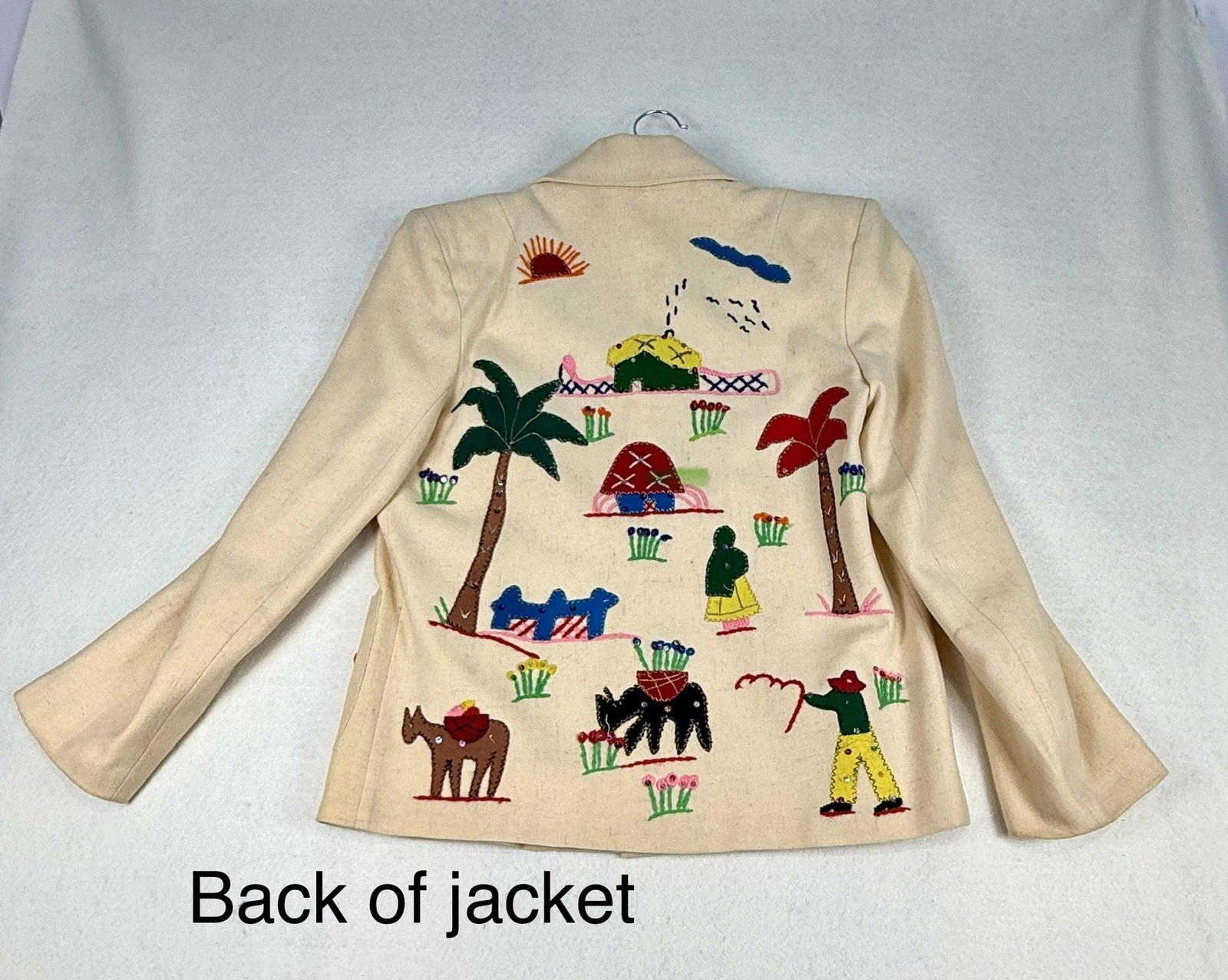 Vtg 1950s Beige Wool Mexican Souvenir Jacket W People Palms Cactus Village Life
