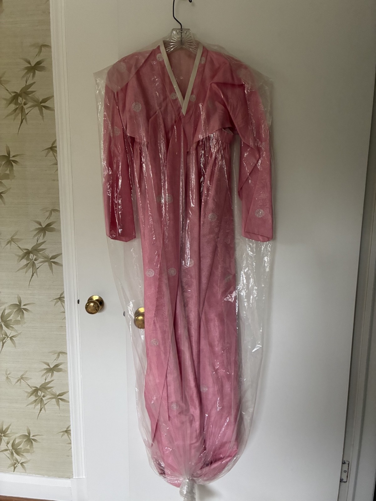 Vintage authentic Korean hanbok dress, pink with metallic silver, small
