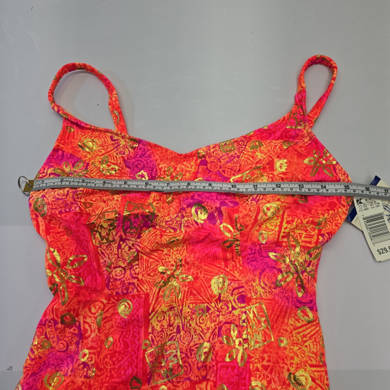 Kathy Ireland Vintage 90s Neon Pink Orange One Piece Swimsuit Size 13/14 NWT