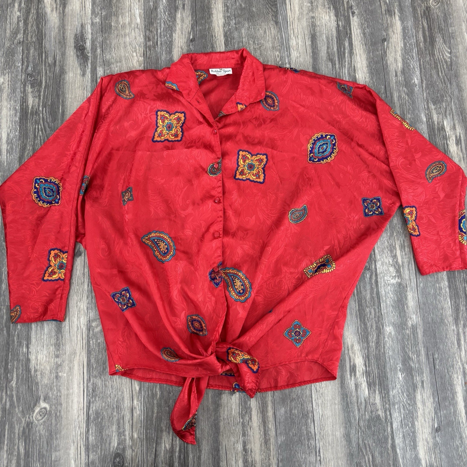 VTG Robbie Sport Vogue Silky tie Button Blouse Retro Shoulder pads womens 9 10