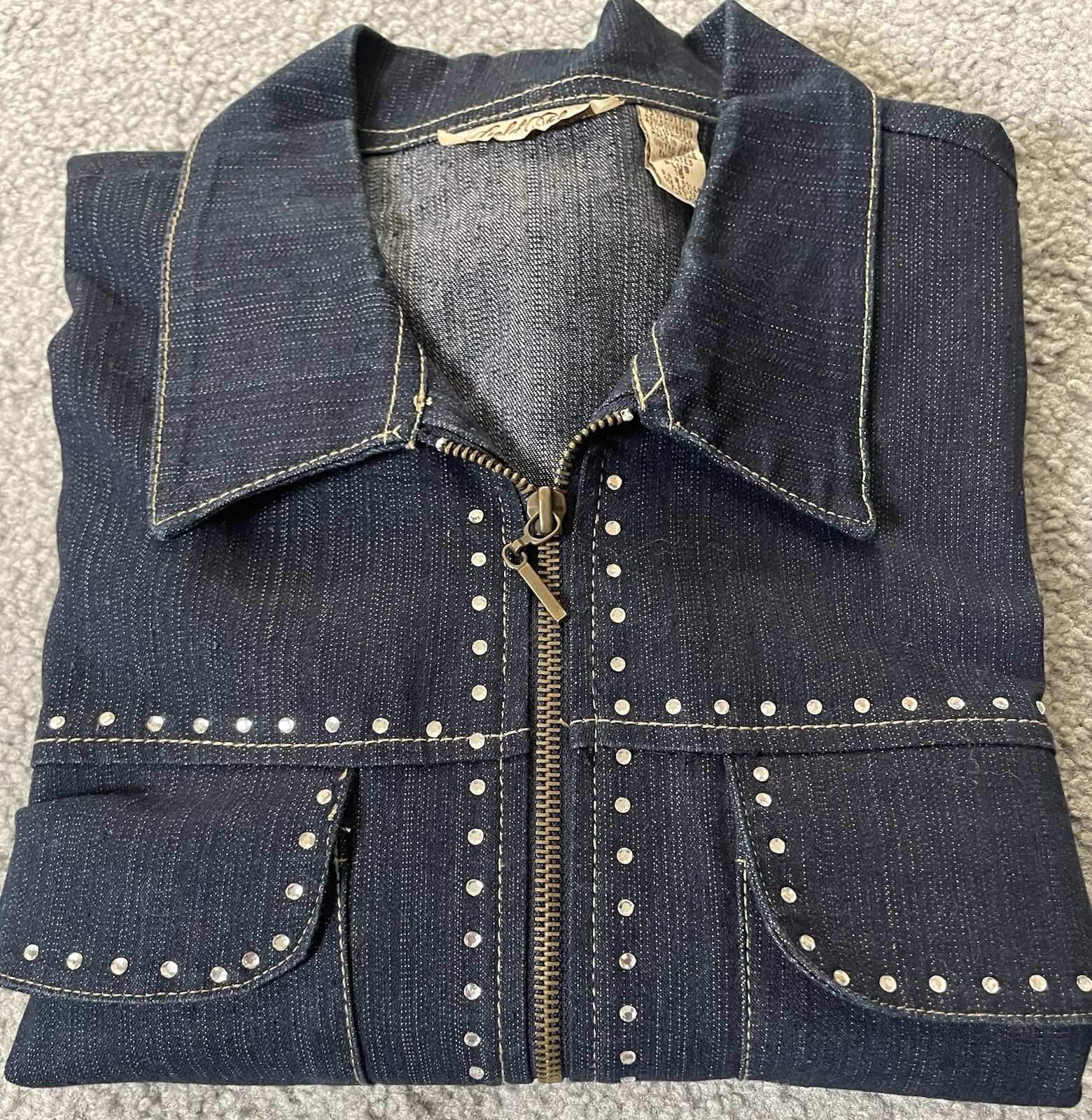 Vtg 80s Beaded Full Zip Jean Jacket Womens 16W Blue Chambray Rhinestones Classic