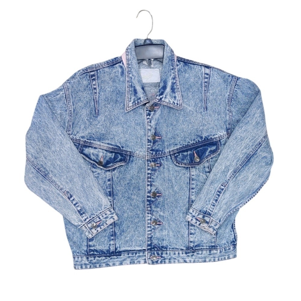 Vintage Taboo 1990s Acid Washed Denim Pink Thread Button Up Jacket Women Size XL
