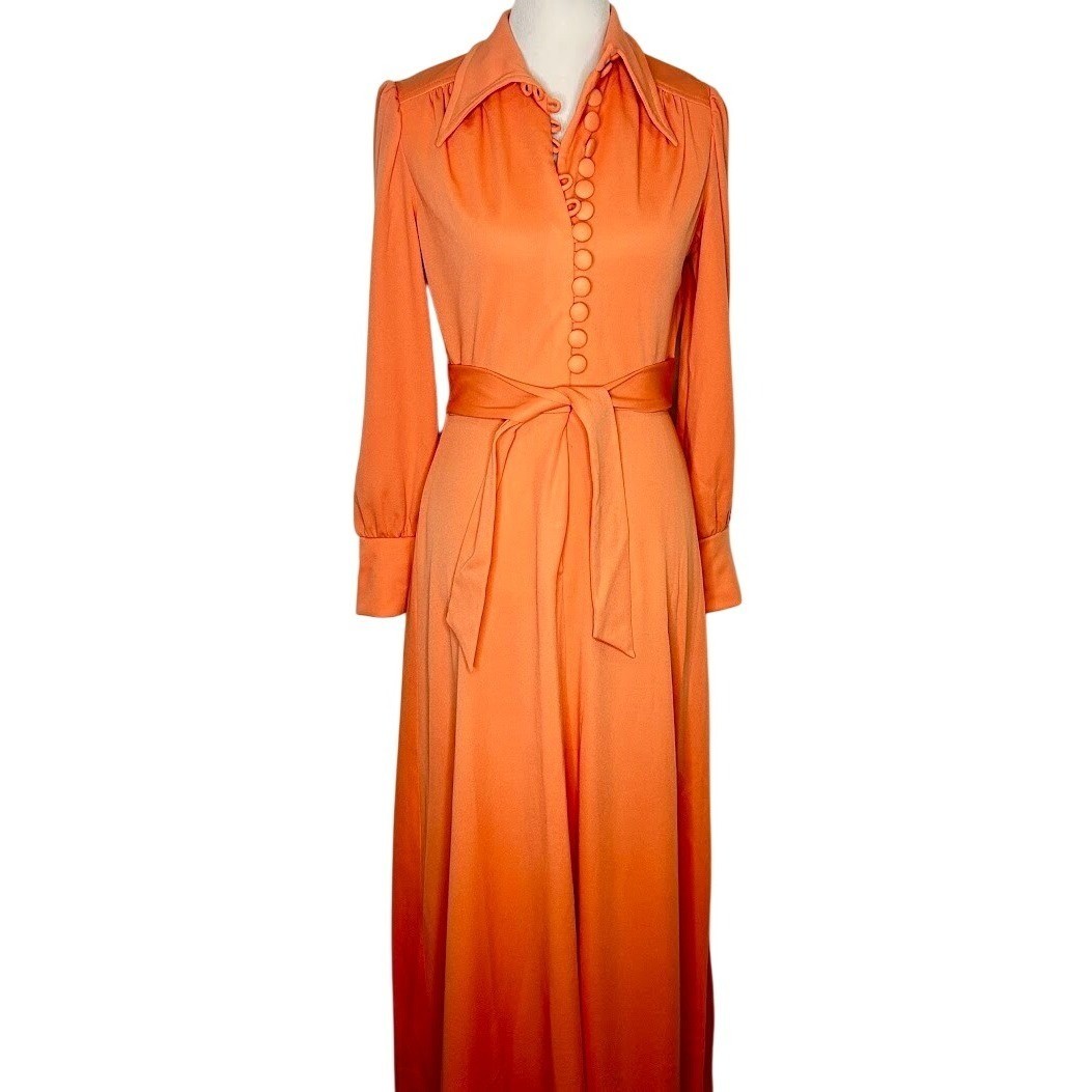 Vintage 1970s Maxi Dress Apricot Button Front Long Sleeve Belted 70s Boho 6/8