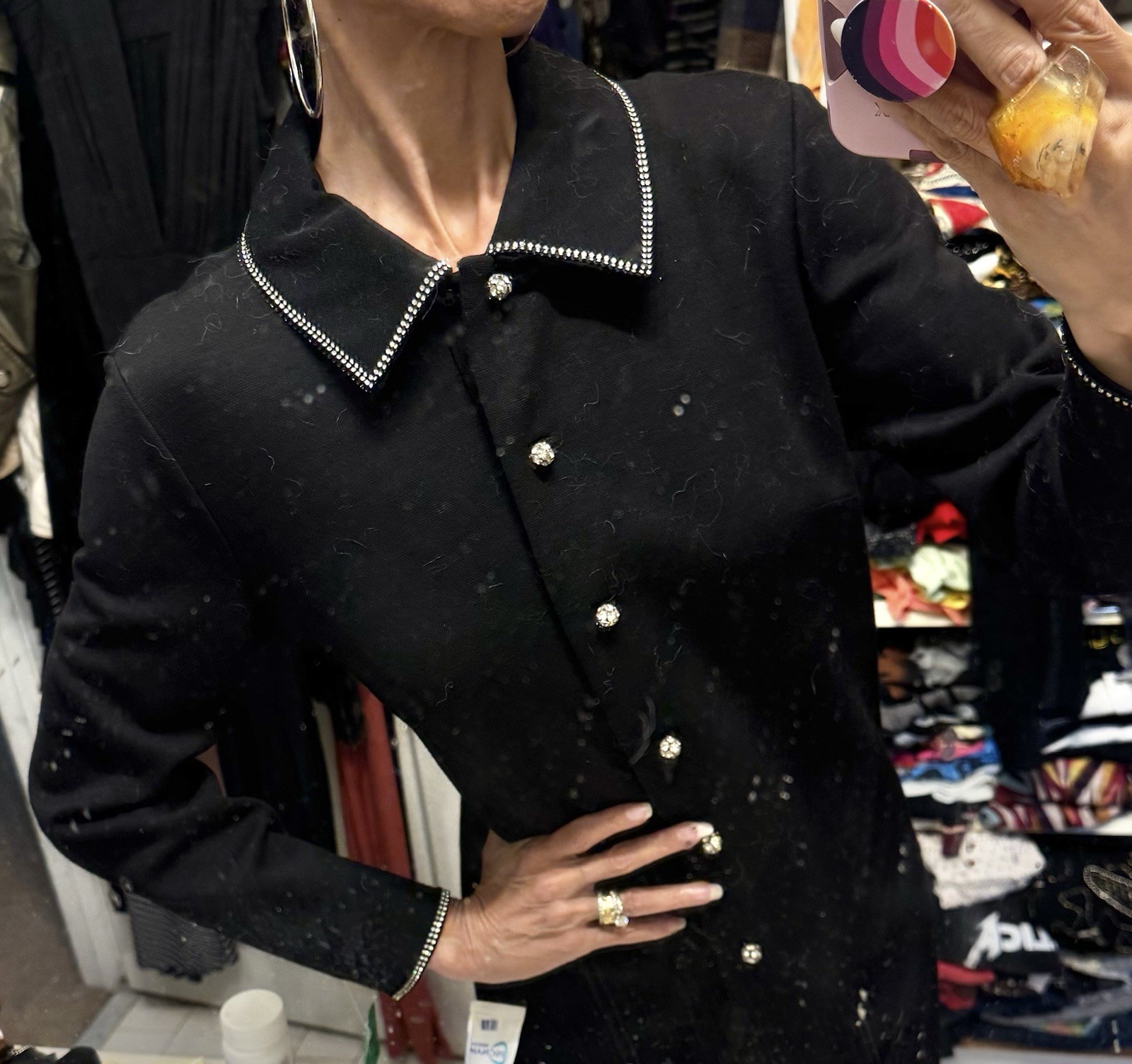 Vtg Butte Knit Black Pure Virgin Wool Rhinestone Buttons Collar Coat Dress 60s M