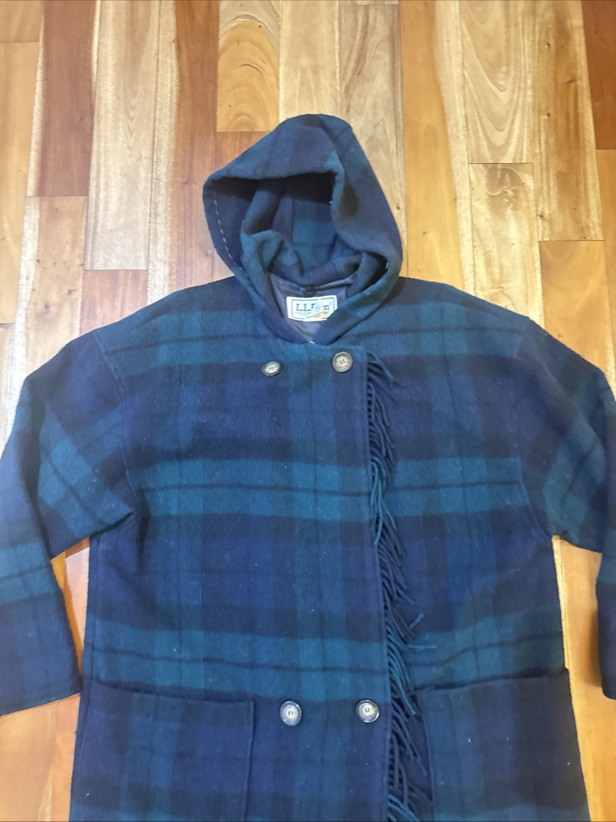 VTG 80s L.L. Bean Plaid Tartan Green Multi Fringe Wool Coat Hood Womens Large