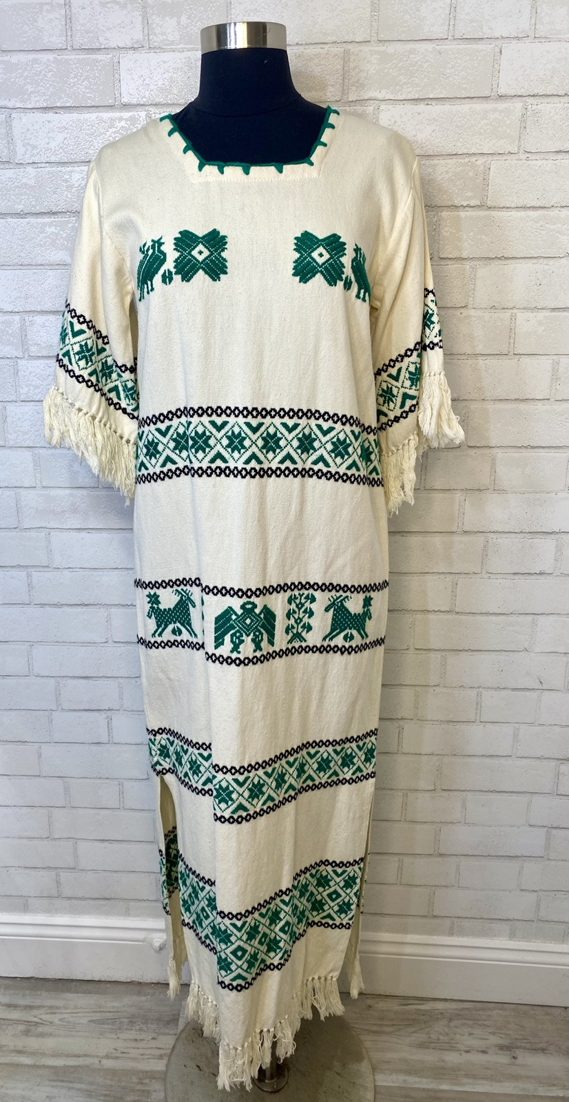 Vintage 70’s Folk Needlepoint Embroidered Fringe Kaftan Maxi Traditional Dress