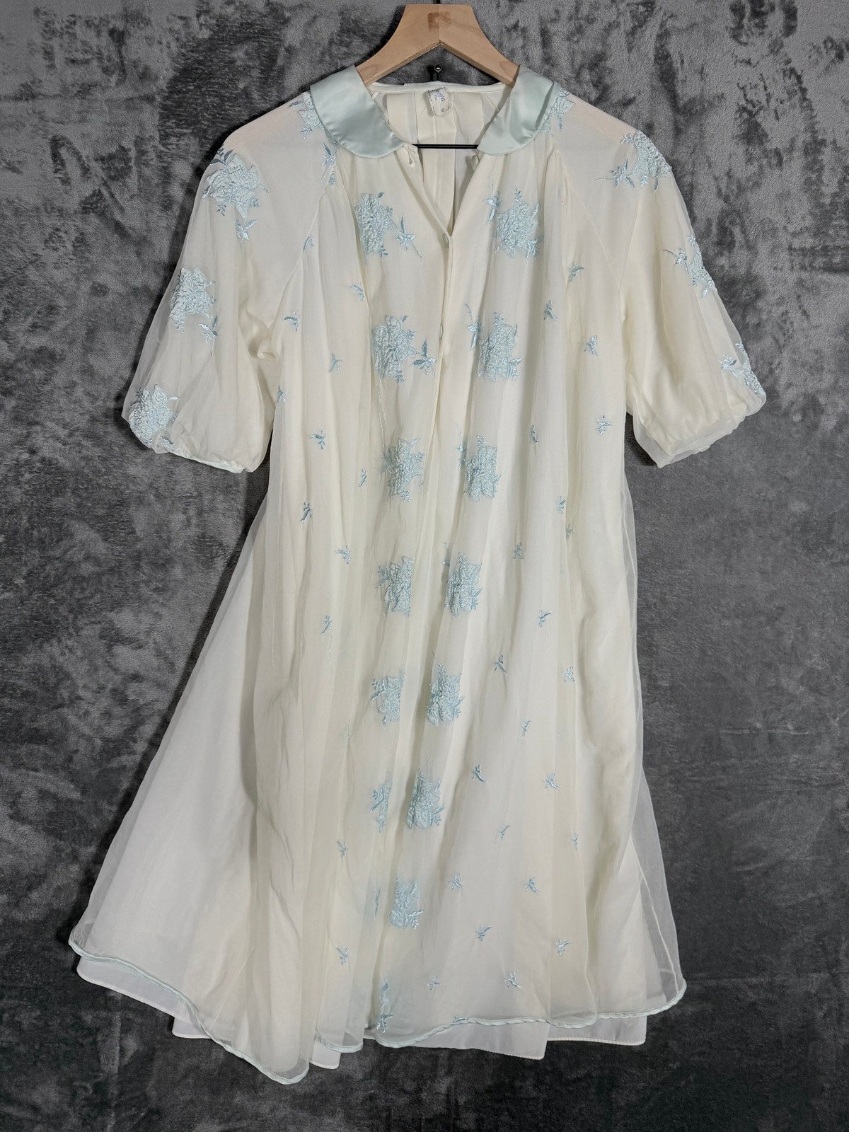 Leonora Womens Robe S Ivory Light Blue Vintage Embroidered Sheer Nylon
