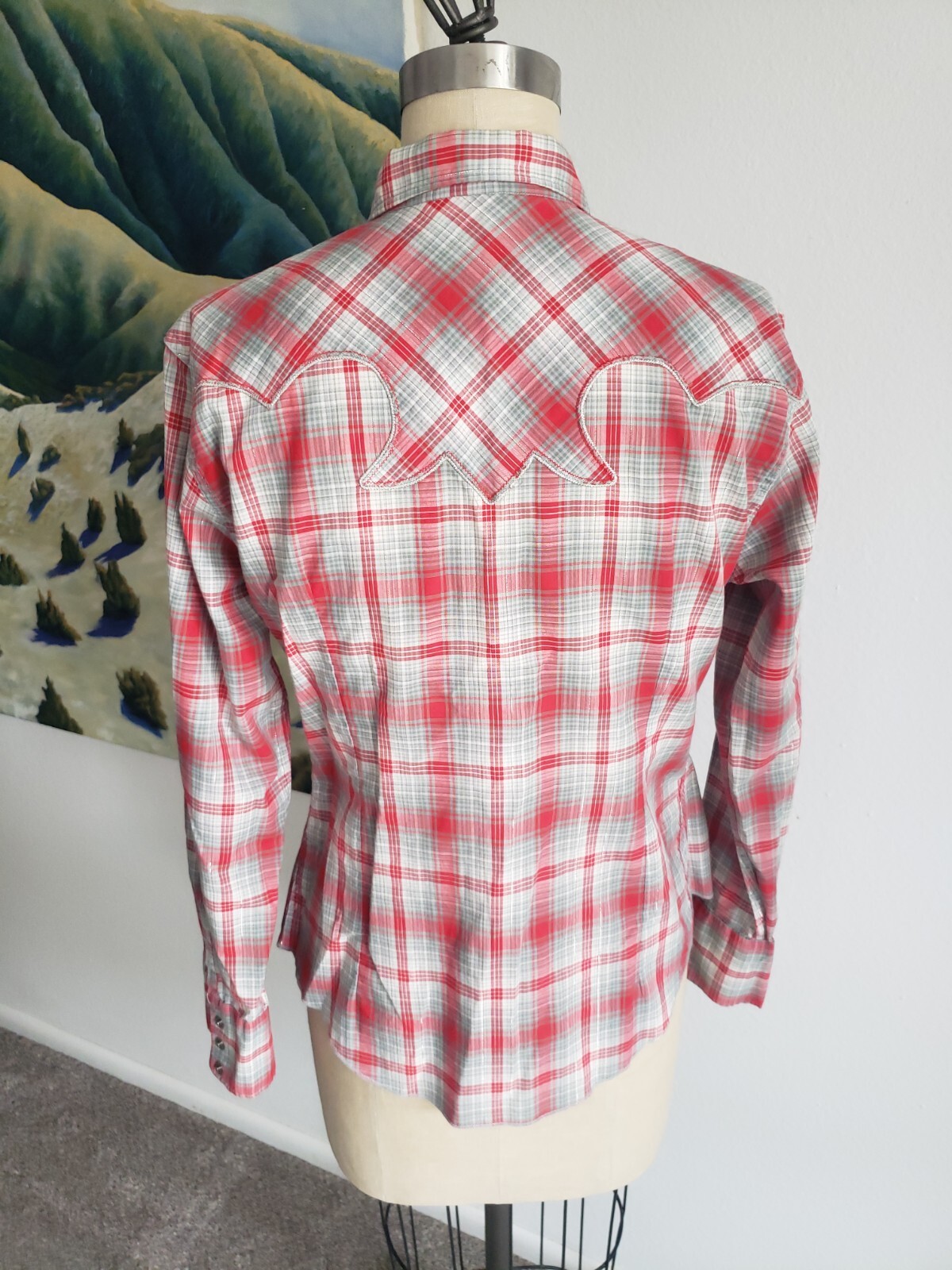 VTG H Bar C Womens Pearl Snap Western Shirt California Ranchwear 36 Silver